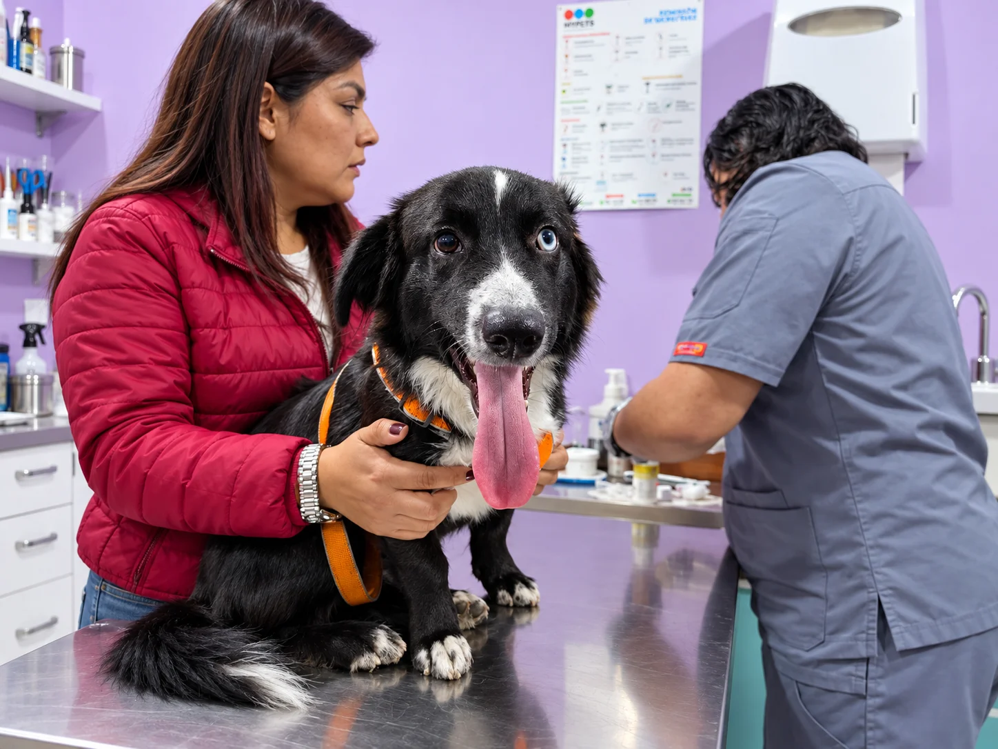 Mascota en consulta veterinaria acompañada por su familia en Charming Vet